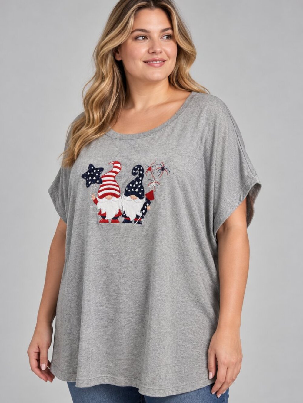 Indigo Soul 2XL Gray Patriotic Gnome Top Americana Oversized Dolman Shirt